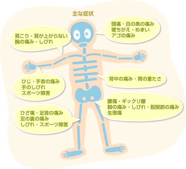 主な症状　肩こり・肩が上がらない・腕の痛み・しびれ　ひじ・手首の痛み・手のしびれ・スポーツ障害　ひざ痛・足首の痛み・足の裏の痛み・しびれ・スポーツ障害　頭痛・目の奥の痛み・寝ちがえ・めまい・アゴの痛み　背中の痛み・胃の重たさ　腰痛・ギックリ腰・脚の痛み・しびれ・股関節の痛み・生理痛